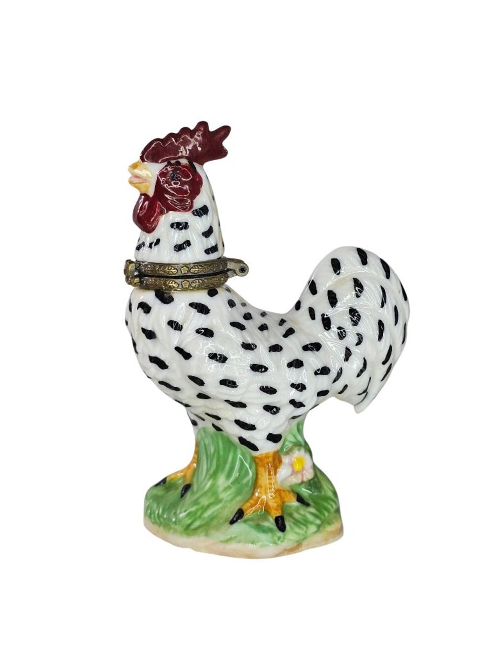 Ceramic Rooster Chicken Hinged Trinket Box Black White Polka Dot Pattern